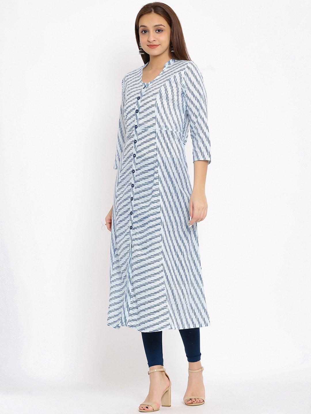 HERE&NOW Blue & White Striped Mandarin Collar Kurta | Grocsy