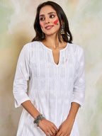 HOUSE OF KARI Women Notch Neck Floral Embroidered Chikankari Shadow Work Cotton Kurta | Grocsy