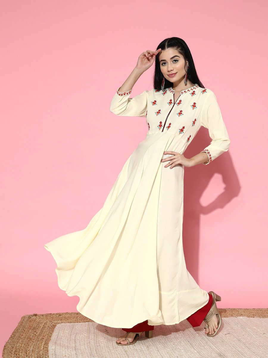All About You Women Grey Ethnic Motifs Embroidered Tiering Anarkali Kurta | Grocsy