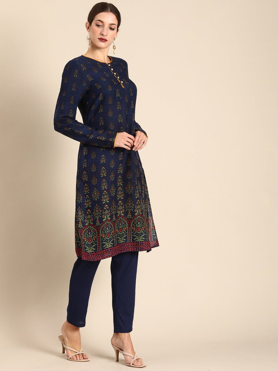 All About You Women Navy Blue Floral Printed Regular Long Sleeves Kurta with Trousers | Grocsy