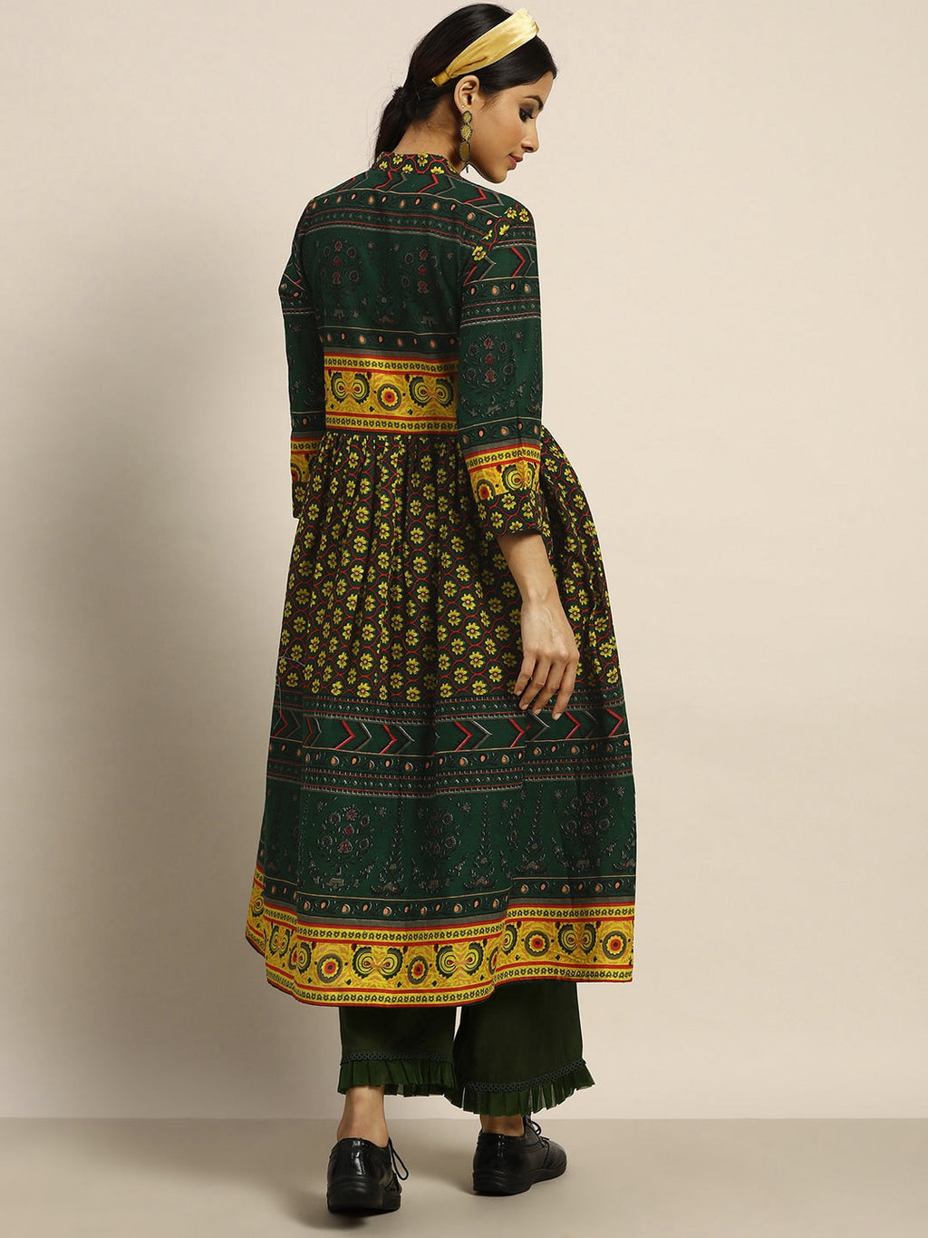 Sangria Women Green & Yellow Pure Cotton Ethnic Motifs Printed A-Line Kurta | Grocsy