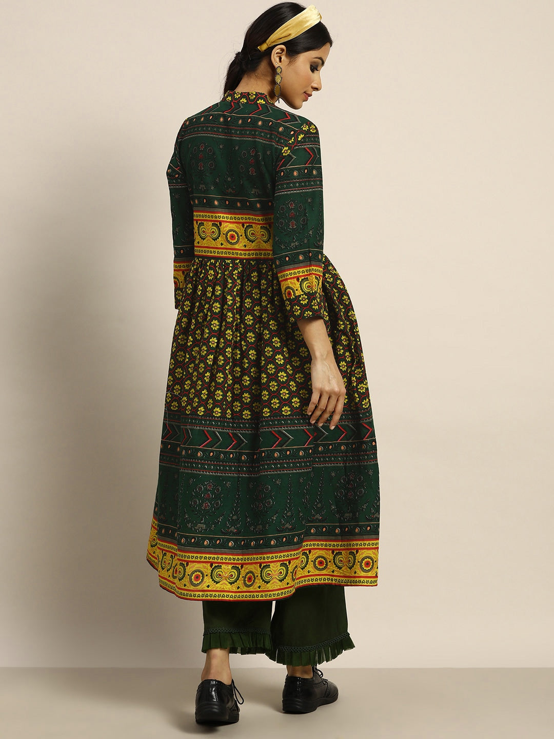 Sangria Women Green & Yellow Pure Cotton Ethnic Motifs Printed A-Line Kurta | Grocsy