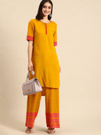 All About You Women Mustard Yellow & Pink Round Neck Regular Kurta with Palazzos | Grocsy