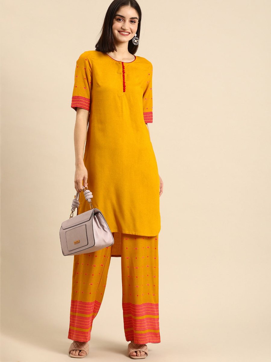 All About You Women Mustard Yellow & Pink Round Neck Regular Kurta with Palazzos | Grocsy