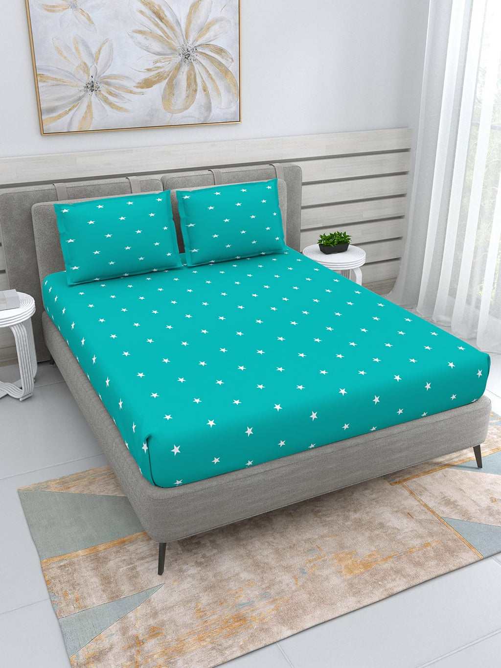 DREAM WEAVERZ Turquoise Blue & White 250 TC Pure Cotton King Bedsheet with 2 Pillow Covers | Grocsy