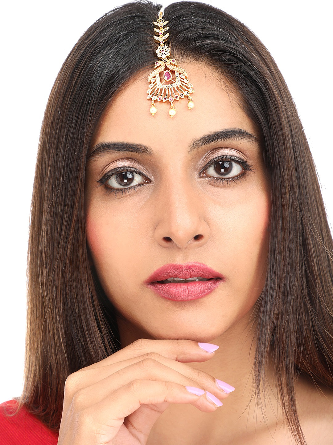 Yellow Chimes Women Gold -Toned Pink & White American Diamond Studded Handcrafted Maang Tikka | Grocsy
