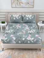 DREAM WEAVERZ Grey & White Floral 220 TC Queen Bedsheet with 2 Pillow Covers | Grocsy