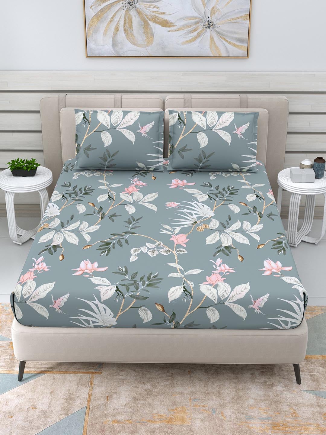 DREAM WEAVERZ Grey & White Floral 220 TC Queen Bedsheet with 2 Pillow Covers | Grocsy