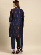 All About You Women Navy Blue Ethnic Motifs Printed Kurta with Trousers & With Dupatta | Grocsy