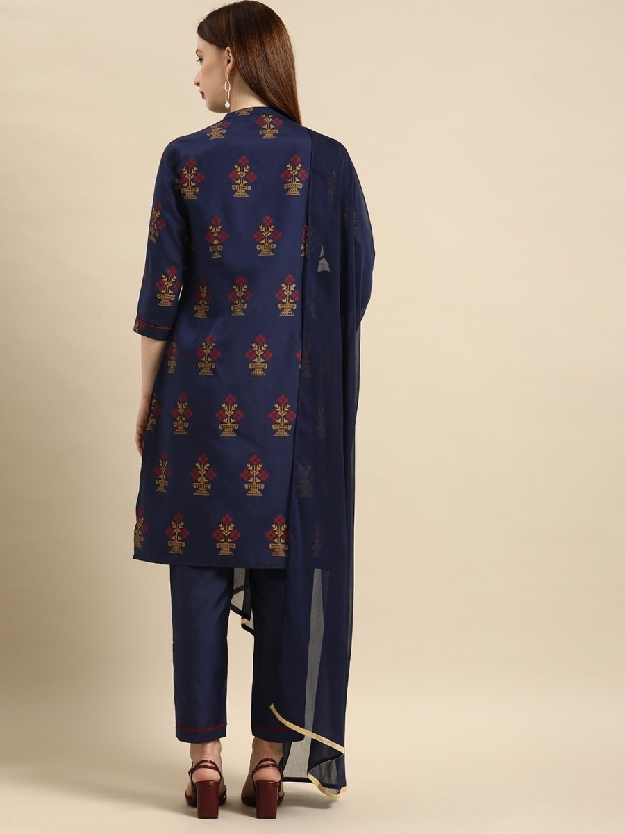 All About You Women Navy Blue Ethnic Motifs Printed Kurta with Trousers & With Dupatta | Grocsy