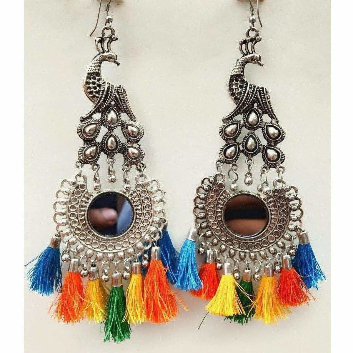 MS Fashion India Peacock Design Mirror Chandbali Silk Thread Party Wear Earrings | Grocsy
