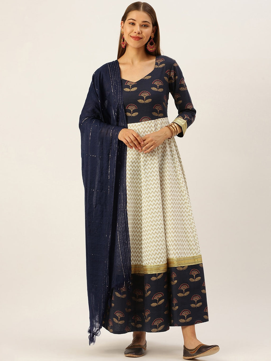 HERE&NOW Women Blue & Cream-Coloured Ethnic Motifs Printed Anarkali Kurta With Dupatta | Grocsy