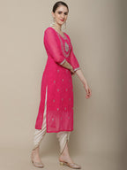 Sangria Women Pink Floral Embroidered Georgette Straight Kurta | Grocsy