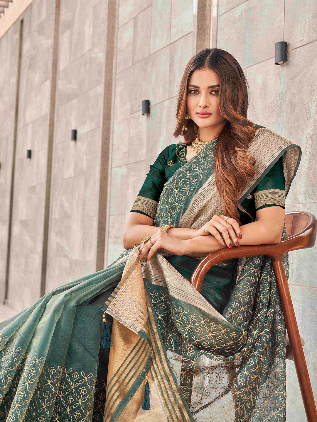 Tikhi Imli Olive Floral Embroidered Zari Organza Saree | Grocsy