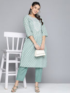 HERE&NOW Women Ethnic Motifs Embroidered Mirror Work Pure Cotton Kurta With Trousers | Grocsy