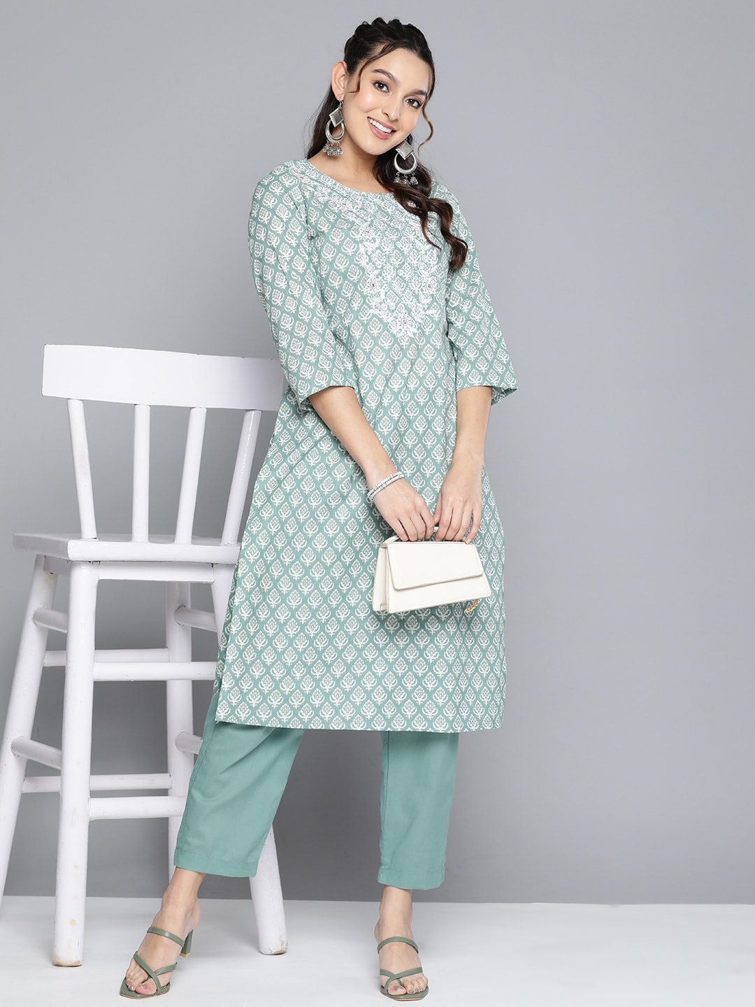 HERE&NOW Women Ethnic Motifs Embroidered Mirror Work Pure Cotton Kurta With Trousers | Grocsy