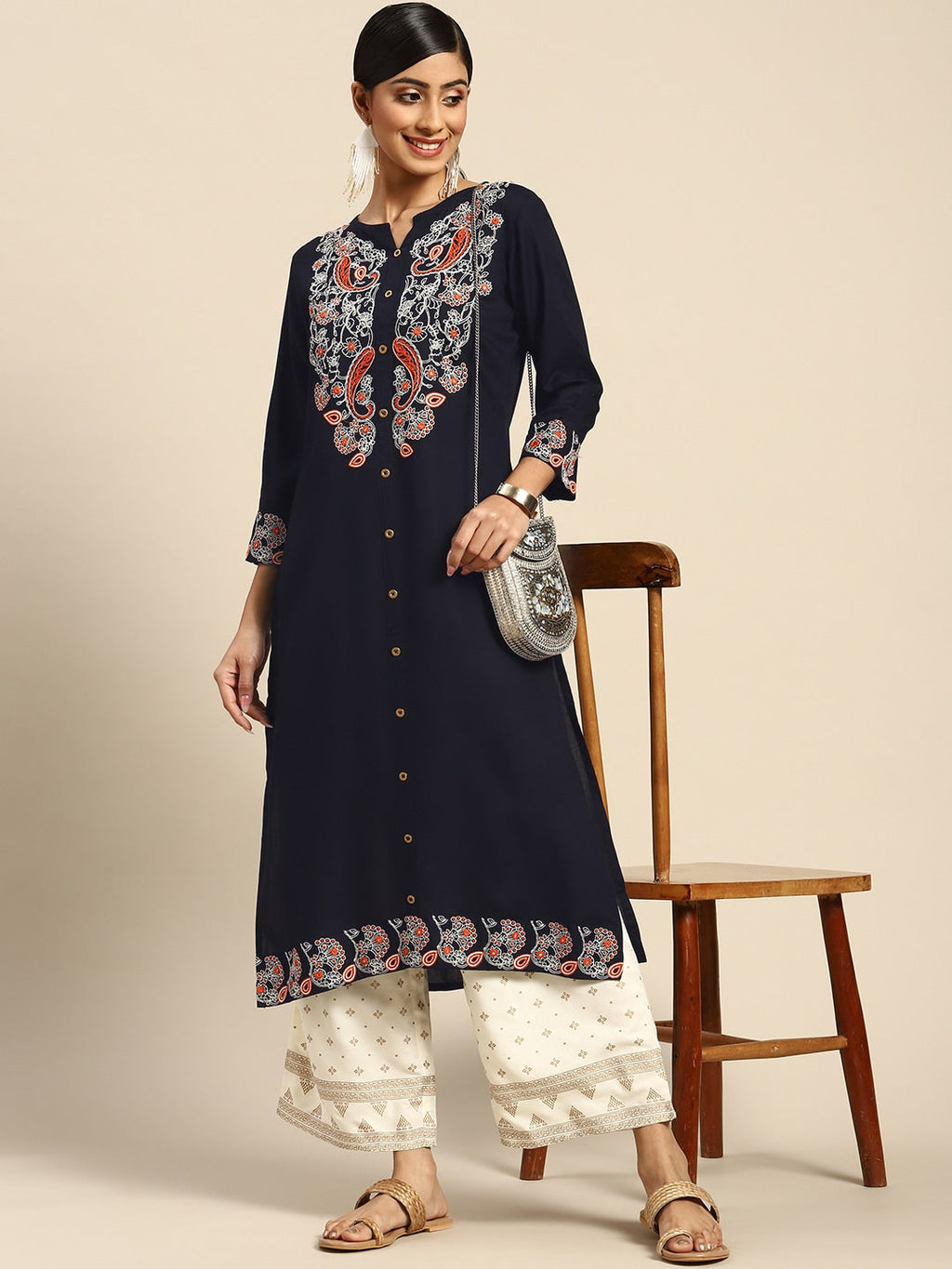 Sangria Women Navy Blue Ethnic Motifs Embroidered Kurta with Palazzos | Grocsy