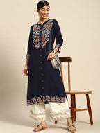 Sangria Women Navy Blue Ethnic Motifs Embroidered Kurta with Palazzos | Grocsy