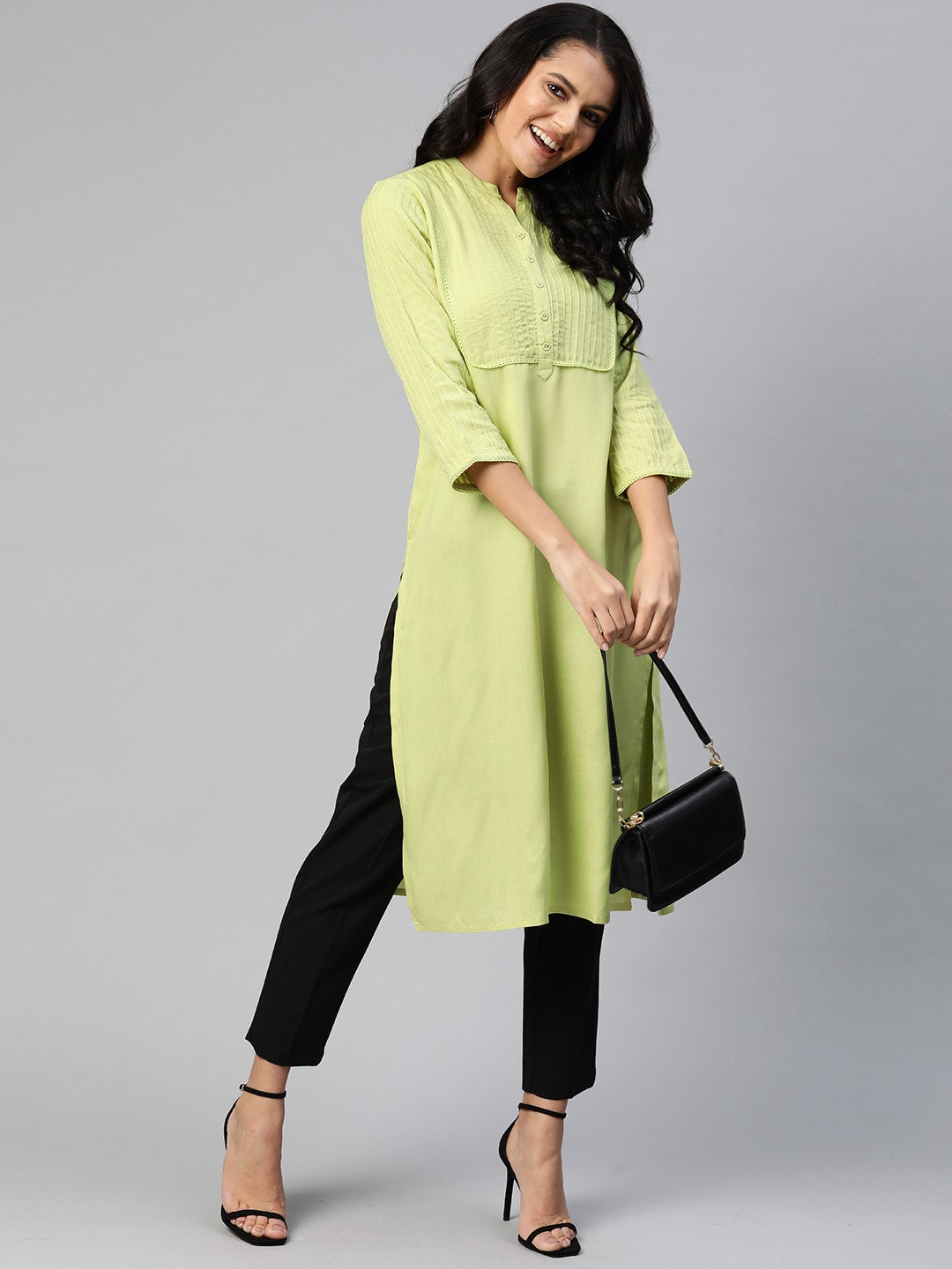 HERE&NOW Women Green Pintuck Yoke Design Straight Kurta | Grocsy