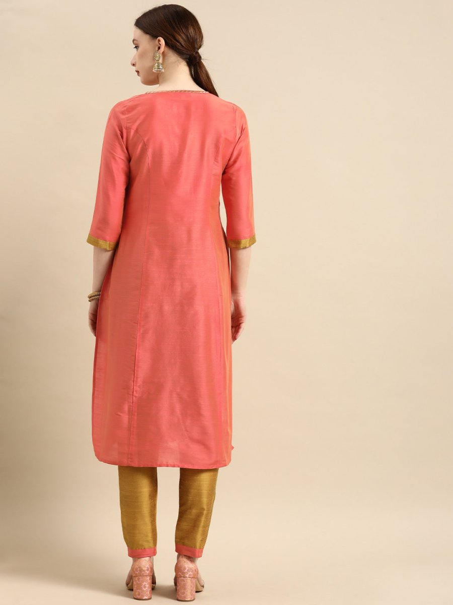 All About You Women Peach-Coloured Embroidered Kurta with Trousers | Grocsy