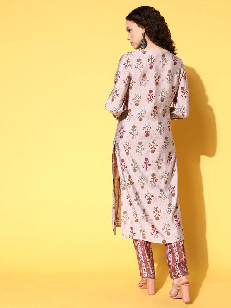 All About You Women Amusing Taupe Ethnic Motifs Print Parade Kurta with Trousers | Grocsy