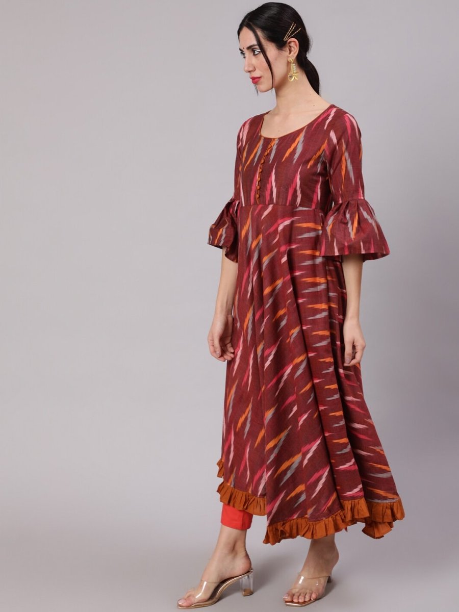 Aks Ikat Printed Pleated Pure Cotton Anarkali Kurta | Grocsy