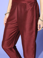 Sangria Women Maroon Ethnic Motifs Embroidered Yoke Design A-Line Kurta with Trousers | Grocsy