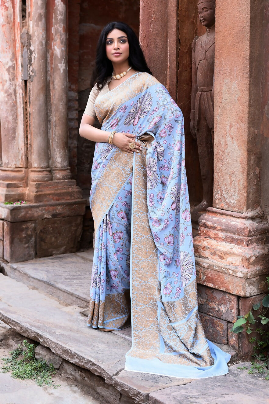 Joban Fashion Light Blue Crepe Chiffon Pure Handloom Banarasi Silk Saree | Grocsy