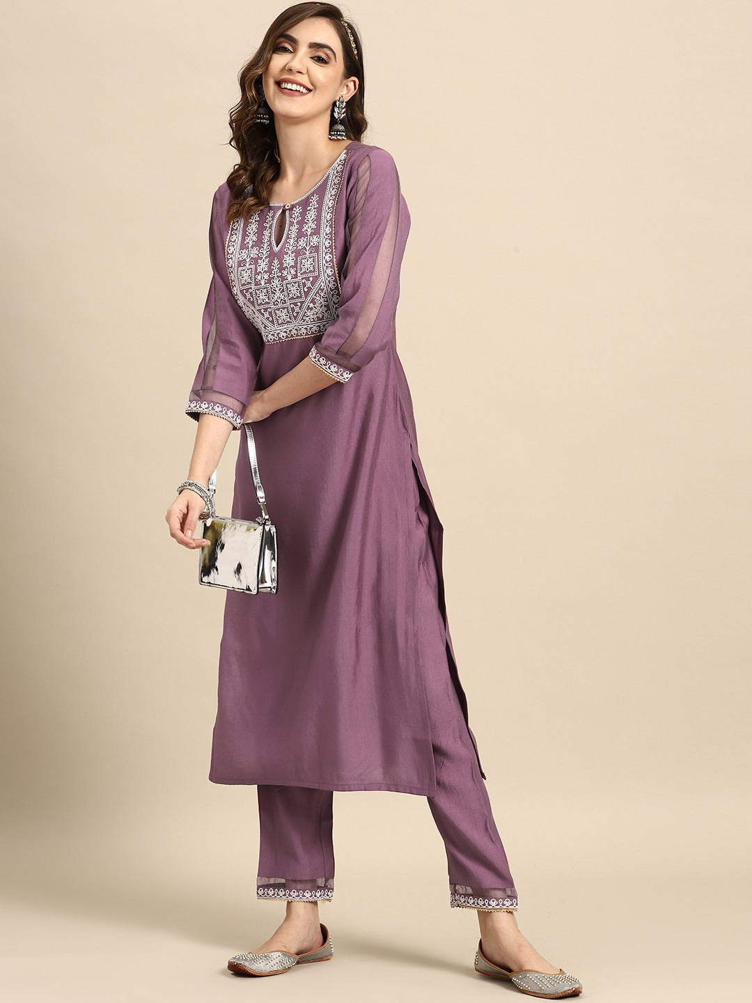 Sangria Ethnic Motifs Embroidered Thread Work Kurta With Trousers | Grocsy