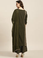 Sangria Women Olive Green & Golden Printed Kurta with Palazzos & Dupatta | Grocsy