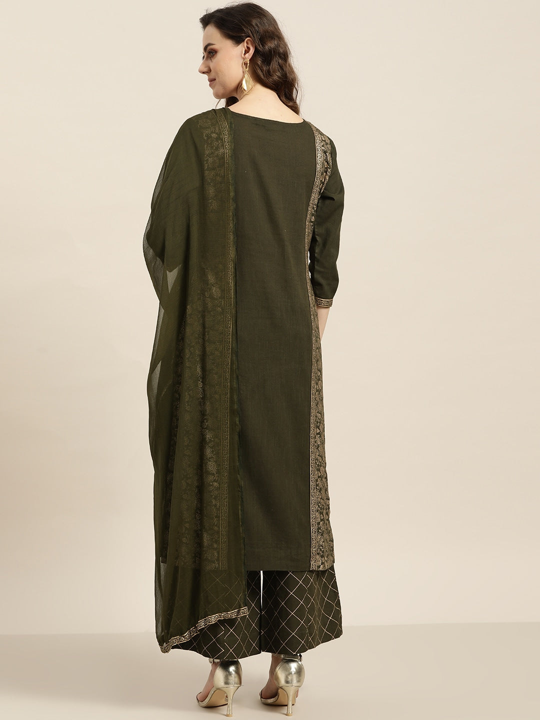 Sangria Women Olive Green & Golden Printed Kurta with Palazzos & Dupatta | Grocsy