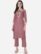 HERE&NOW Ethnic Motif Yoke Design Thread Work Kurta With Trousers | Grocsy