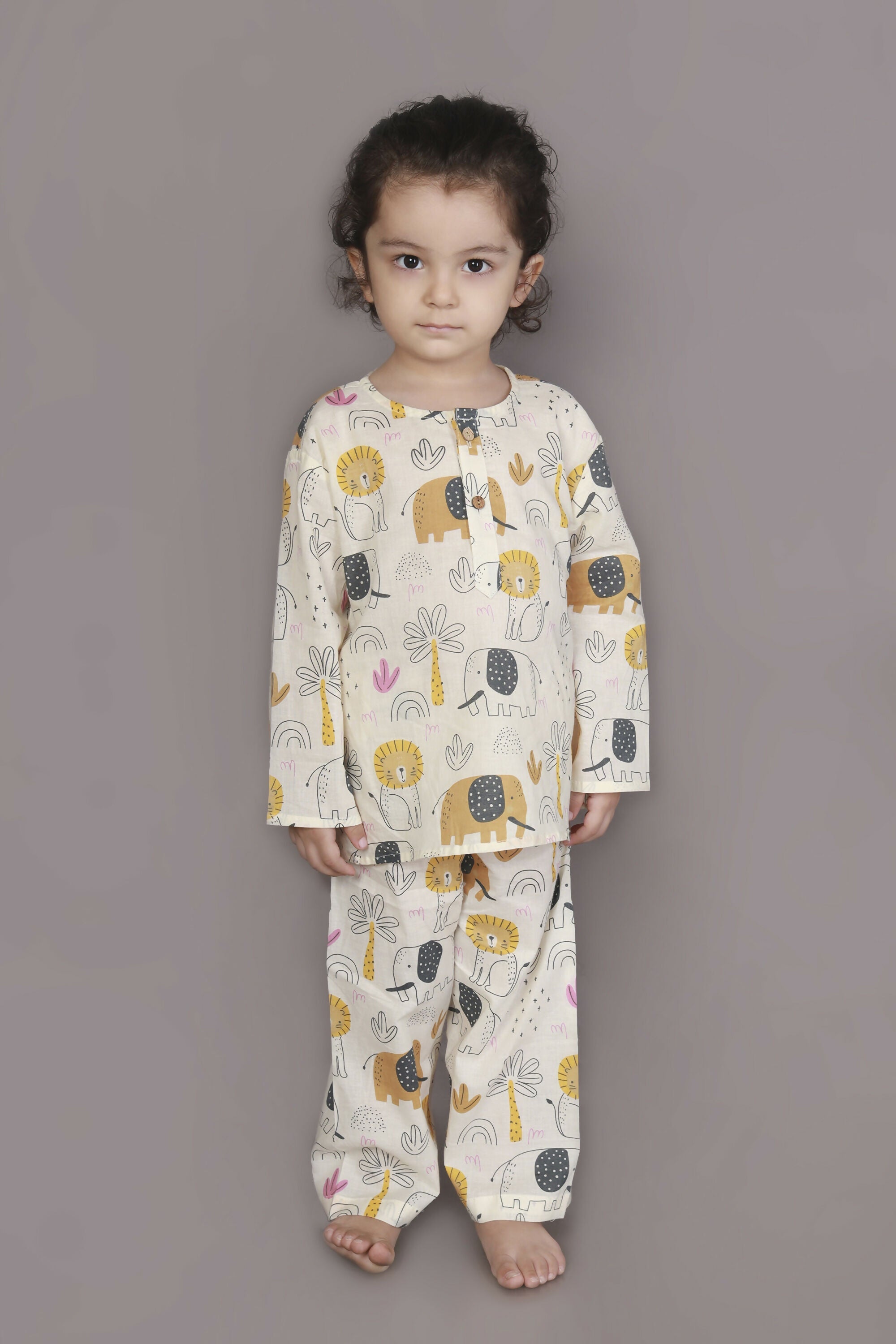 Breathables White Animal Print Cotton Nightsuit Set | Boys & Girls Kids Sleepwear | Grocsy