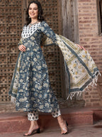 Sangria Navy Blue Floral Printed Pure Cotton Anarkali Kurta With Trouser & Dupatta | Grocsy