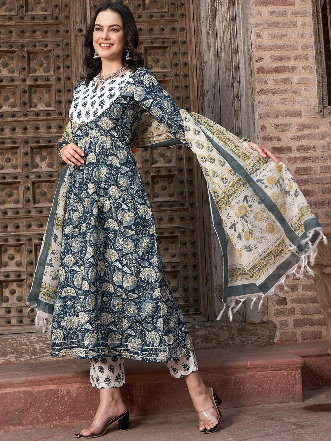 Sangria Navy Blue Floral Printed Pure Cotton Anarkali Kurta With Trouser & Dupatta | Grocsy
