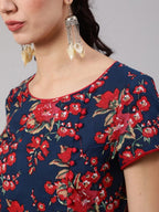 Aks Floral Printed Round Neck A-Line Kurta | Grocsy