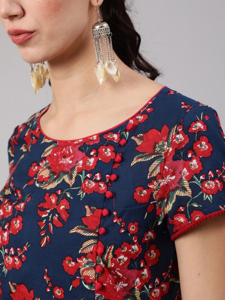 Aks Floral Printed Round Neck A-Line Kurta | Grocsy