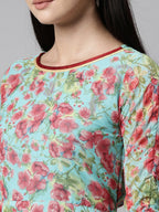 Souchii Turquoise Blue Floral Printed Chiffon A-Line Midi Dress | Grocsy