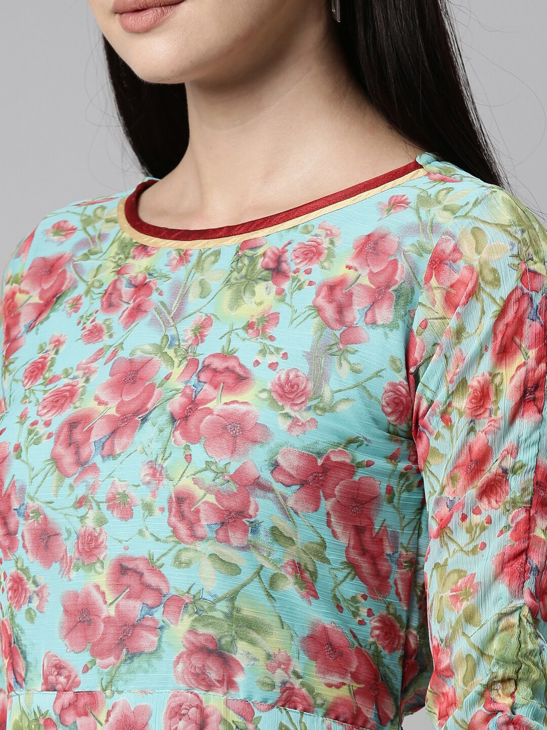Souchii Turquoise Blue Floral Printed Chiffon A-Line Midi Dress | Grocsy