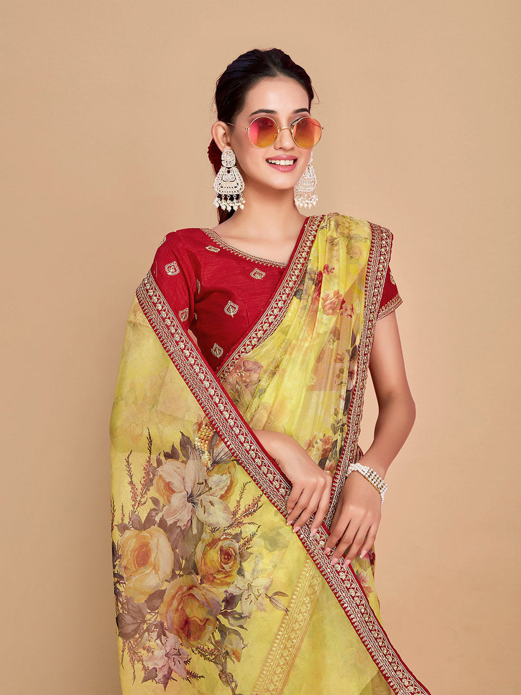 Sangria Floral Printed Embroidered Organza Saree | Grocsy
