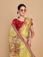 Sangria Floral Printed Embroidered Organza Saree | Grocsy
