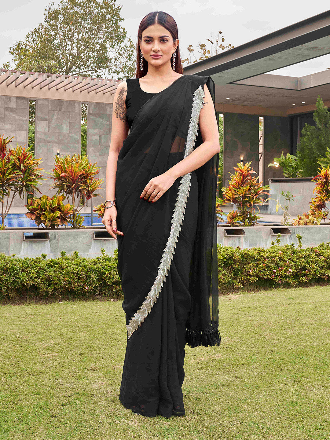 Tikhi Imli Black Beads and Stones Saree | Grocsy