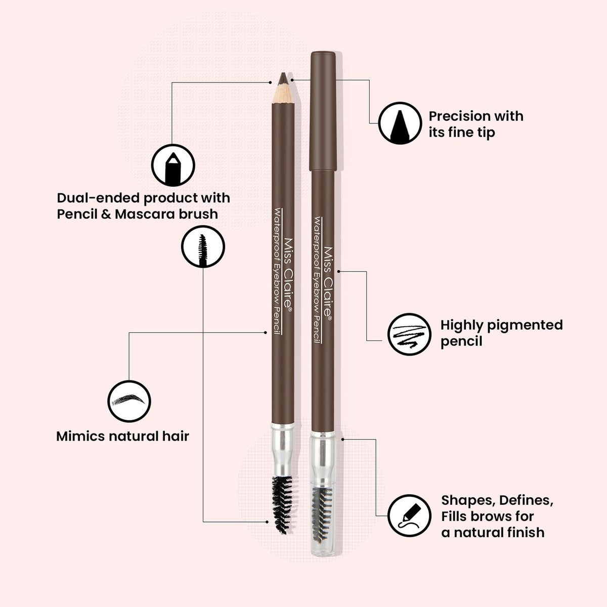 Miss Claire Waterproof Eyebrow Pencil With Mascara Brush - 03 Medium Brown | Grocsy