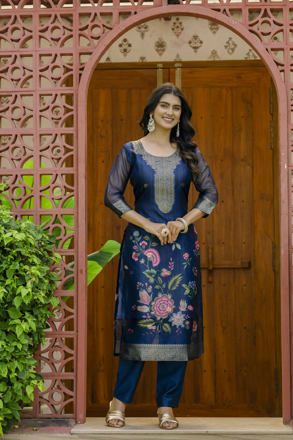 The52 Women's Beautiful Printed Work Jacquard Organza Fabric Straight Kurta Pant and Dupatta Set | Grocsy