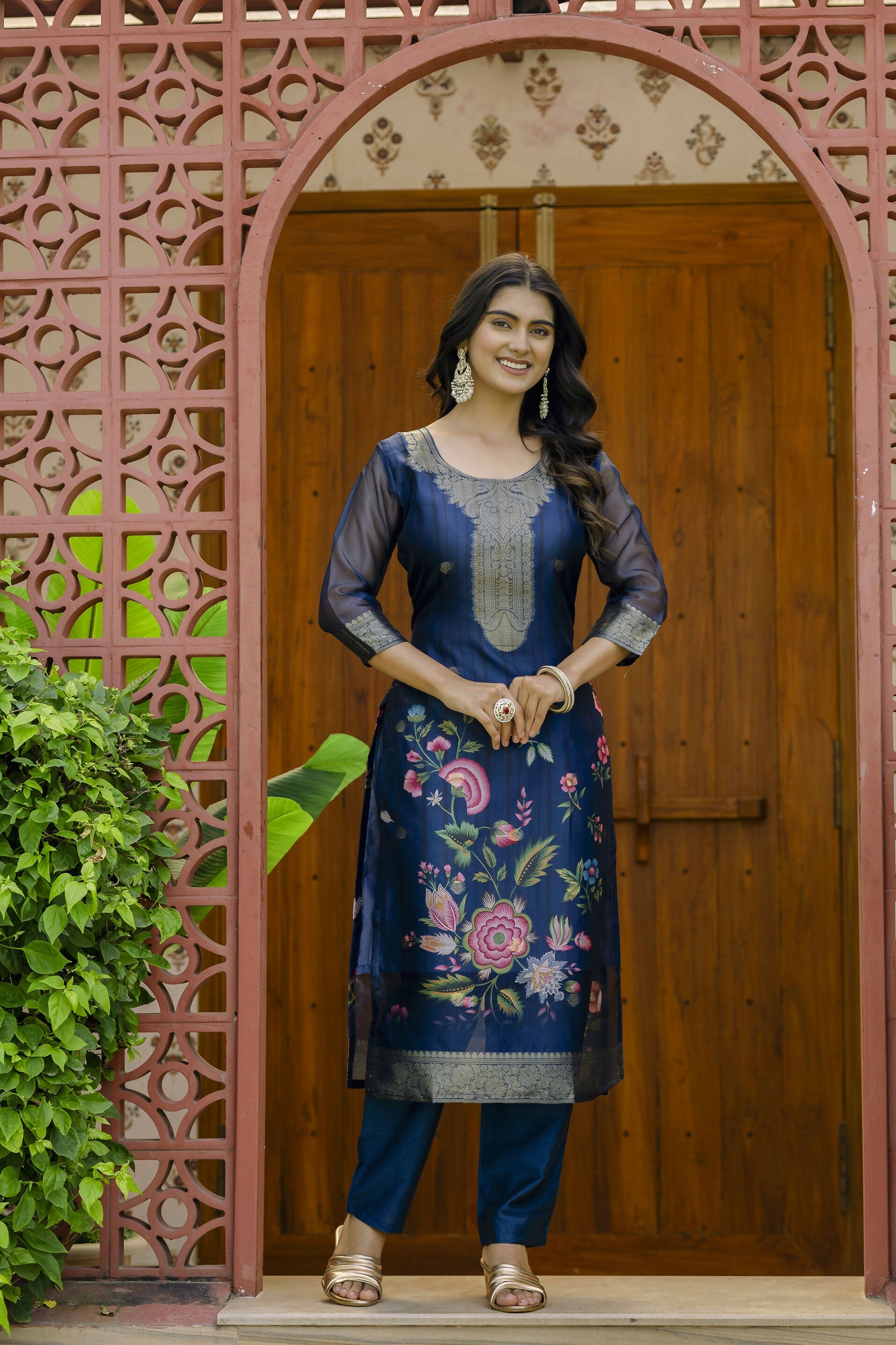 The52 Women's Beautiful Printed Work Jacquard Organza Fabric Straight Kurta Pant and Dupatta Set | Grocsy