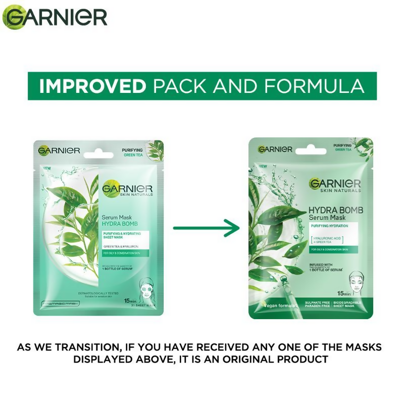 Garnier Skin Naturals Hydra Bomb Green Tea Face Serum Sheet Mask | Grocsy