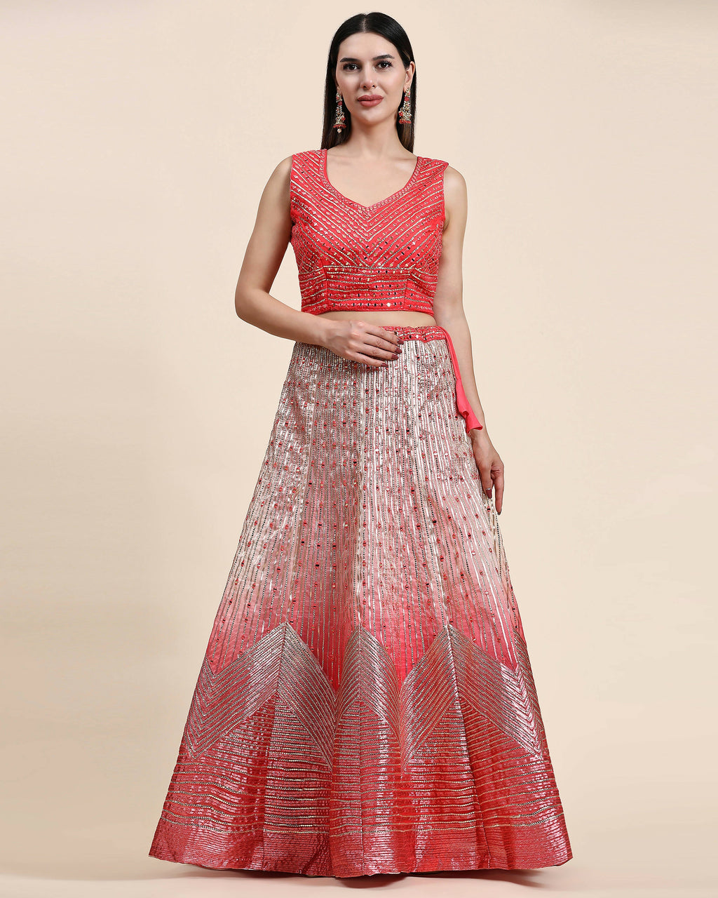Red Organza Mirror With Coding Work Lehenga Choli with Dupatta - Tanya | Grocsy
