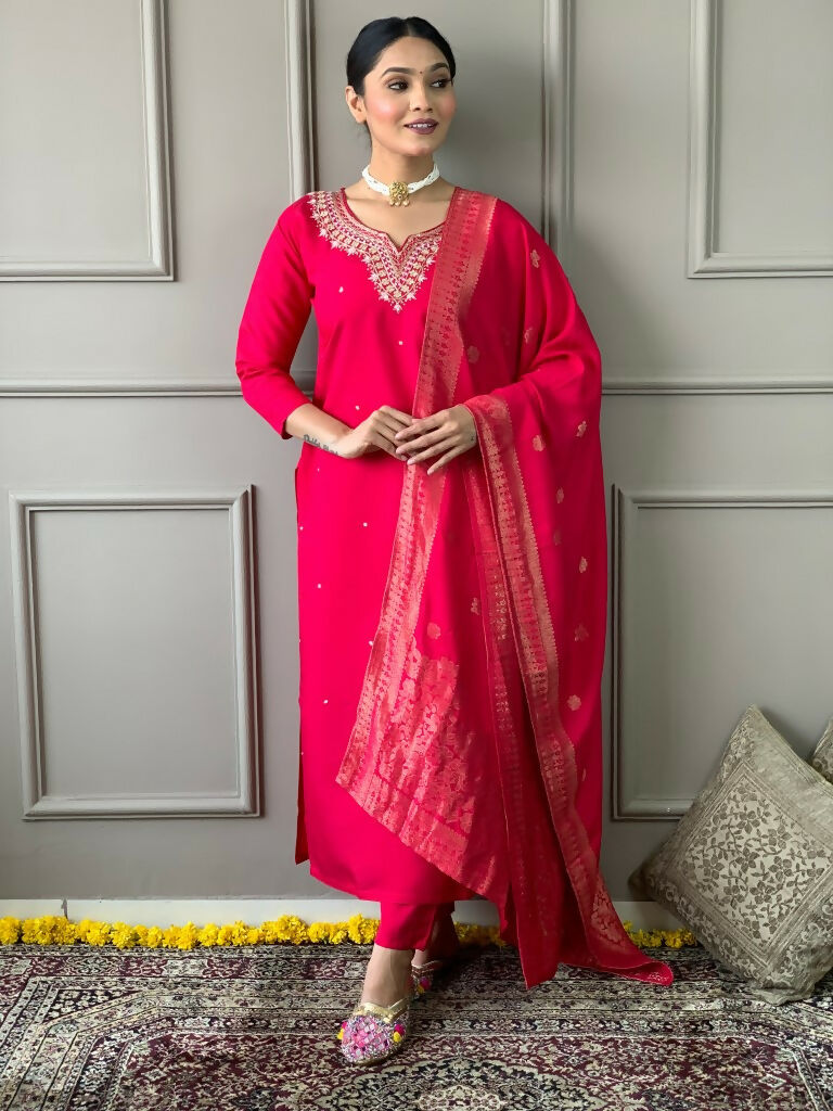 Partywear Designer Viscos Chanderi Red Stitched Suit With Dupatta - Tanisha | Grocsy