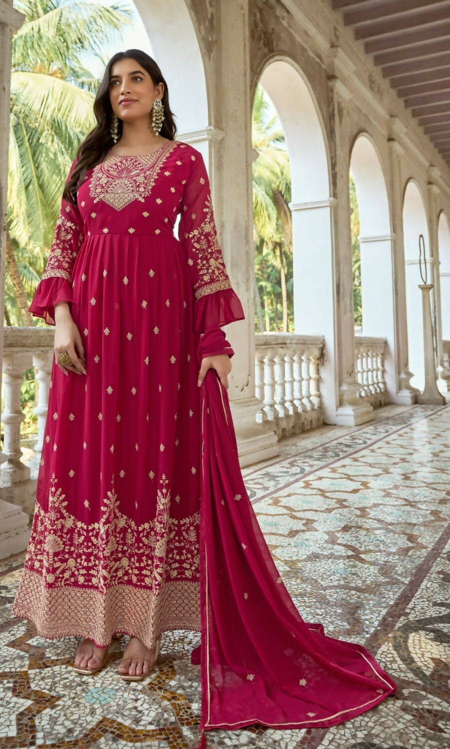 Pink Heavy Faux Georgette Anarkali Embroidered Kurta Set - Dhvani | Grocsy