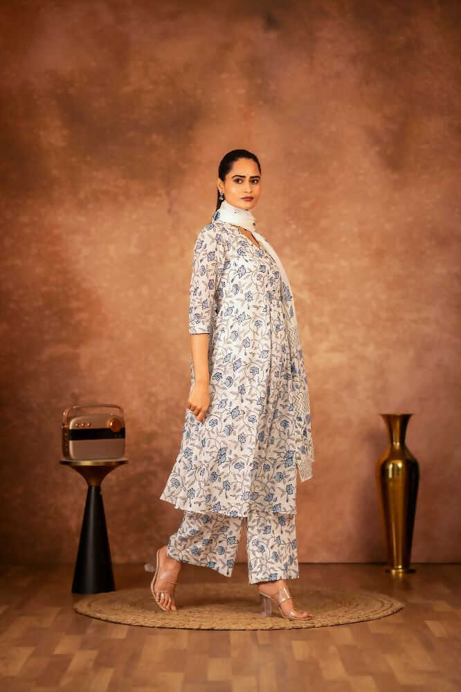 Joban Fashion Blue Hand Block Printed Cotton Suit Set | Grocsy